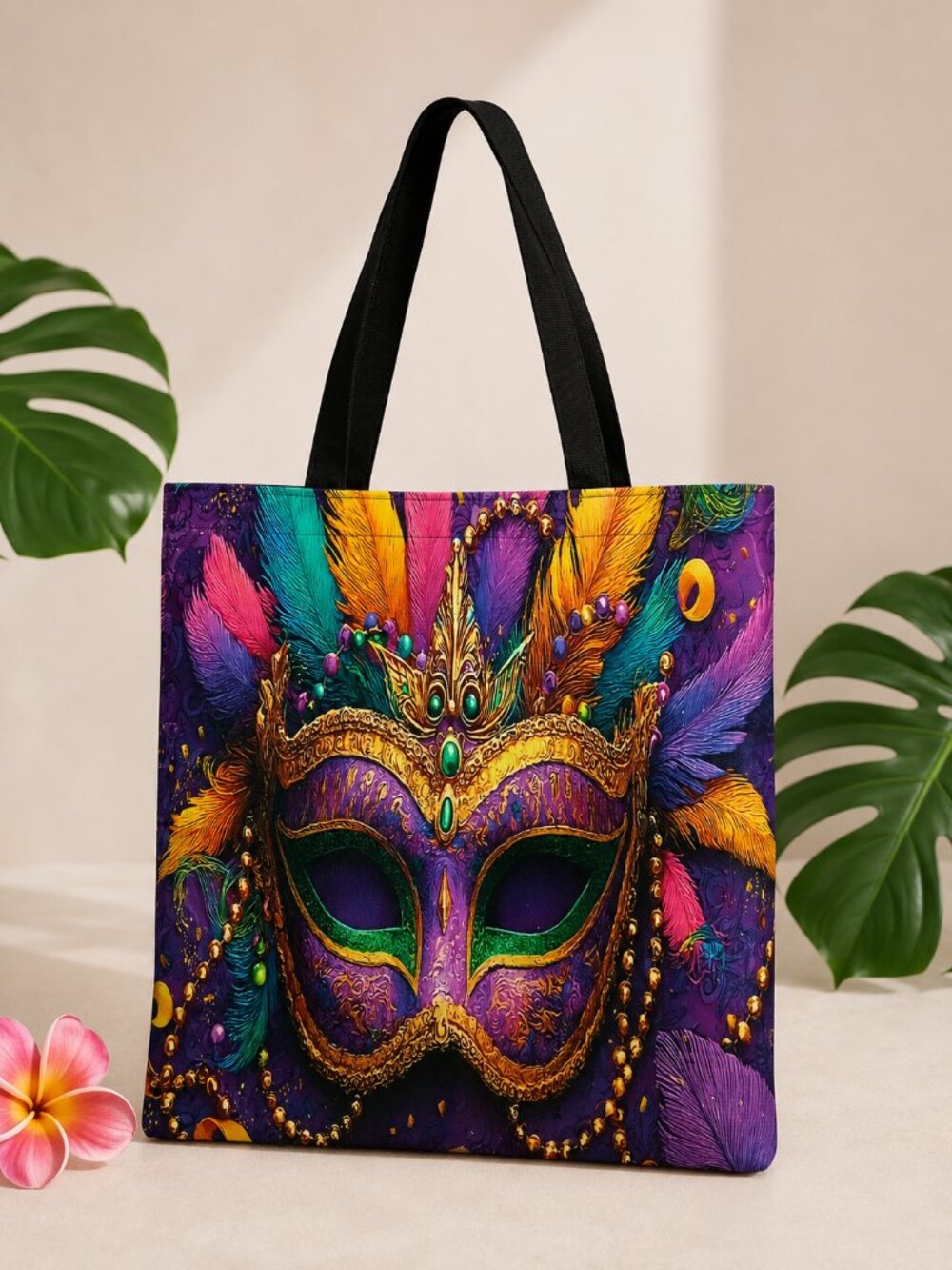 Mardi Gras Mask Art Tote Bag 14x16 Colorful Statement Resort Carryall NIB